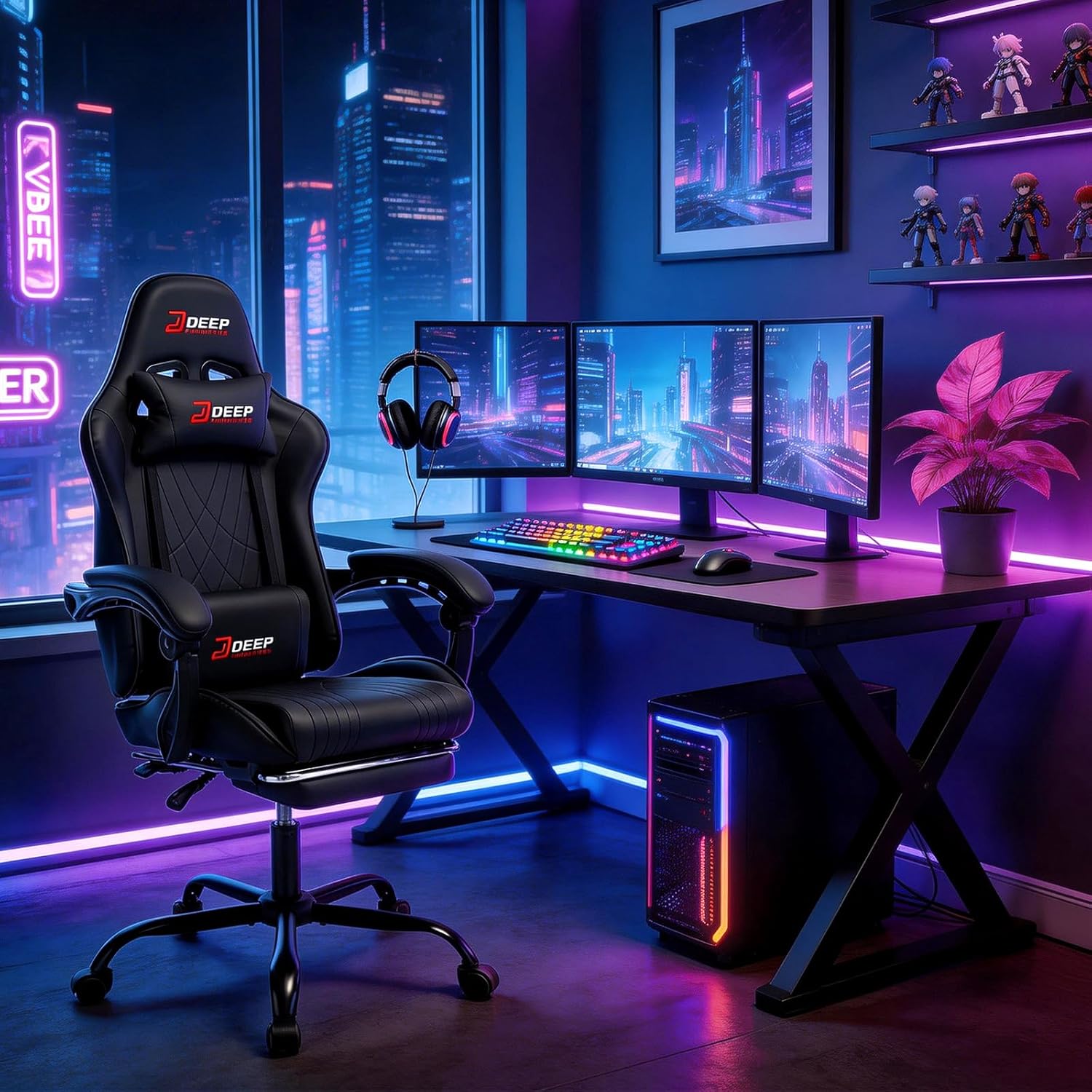 Gaming Chair with Footrest, Ergonomic Game Chair with Lumbar Support and Linkage Armrest, Reclining Computer Chair Height Adjustable for Home Office Father's Day(1001-Black)