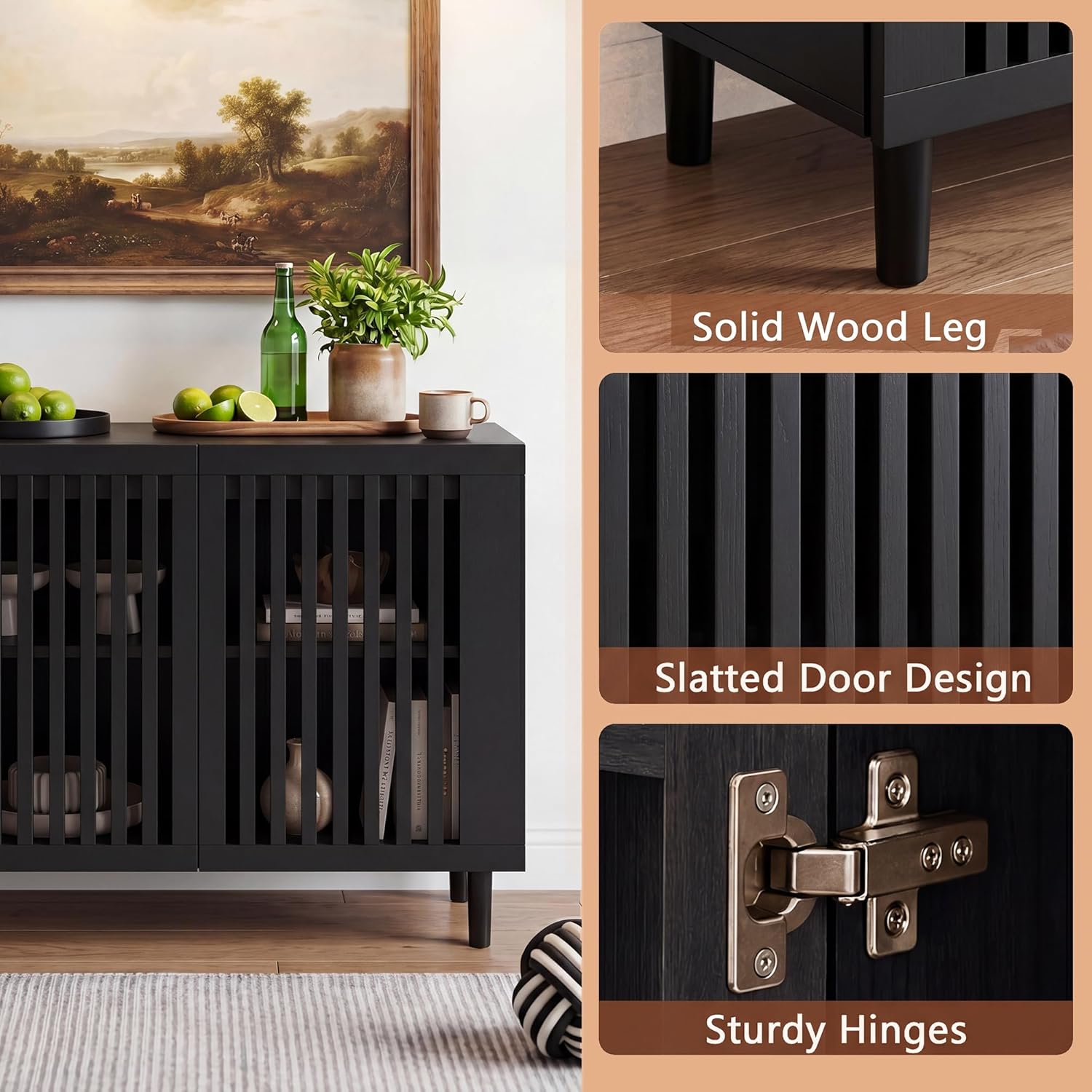 CHUWELL 31.5" Farmhouse Buffet Cabinet with Storage, Modern Black Sideboard Coffee Bar Cabinet with Grille-Striped Doors & Adjustable Shelf, Accent Storage Cabinet with Solid Wood Feet for Dining Room
