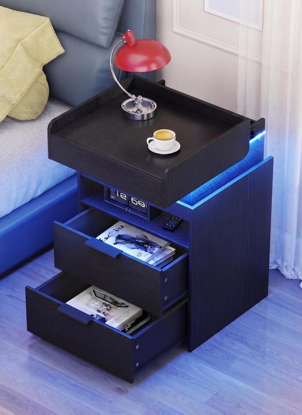 Turosur Black Nightstands Set of 2 with Charging Station and LED Lights, Modern Beside Table with USB and Type-C Port for Bedroom