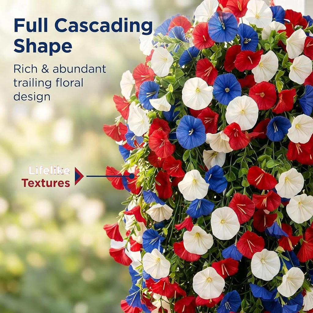 Red White and Blue Hanging Flowers, Patriotic Hanging Flower Baskets,Resistant Faux Silk Flowers, for Porch, Yard, Veterans Memorial Day Patio Home
