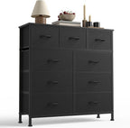 DUMOS 9 Drawer Dresser for Bedroom, Chest of Drawers | Fabric Storage Organizer, Sturdy Metal Frame Wooden Top, Closet Entryway Guest Room, Matte Black