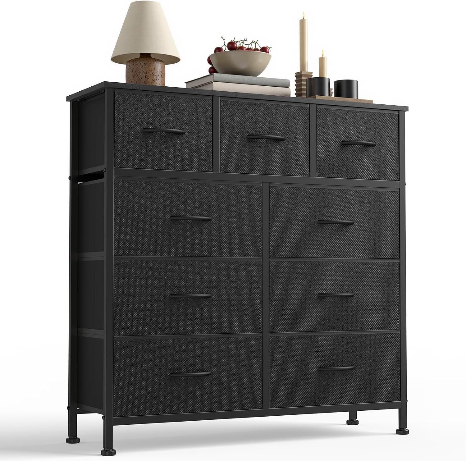 DUMOS 9 Drawer Dresser for Bedroom, Chest of Drawers | Fabric Storage Organizer, Sturdy Metal Frame Wooden Top, Closet Entryway Guest Room, Matte Black