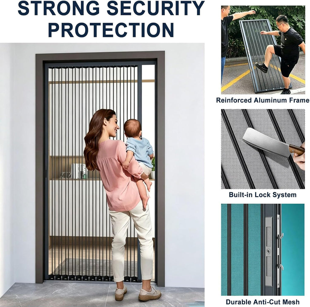 Aluminum Sliding Partition for Balcony Bedroom Kitchen Pantry Hallway Patio Use, Space-Saving Double Retractable Entrance Door with Lock, Customizable(Black,150x190cm(59"x75"))
