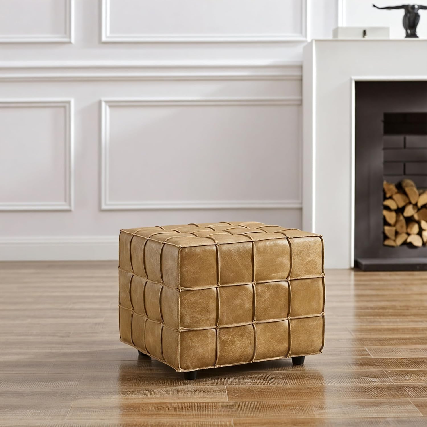 Art Leon Real Leather Ottoman - Square Foot Rest Footstool, Modern Sofa Stool for Living Room Bed Room,Light Brown