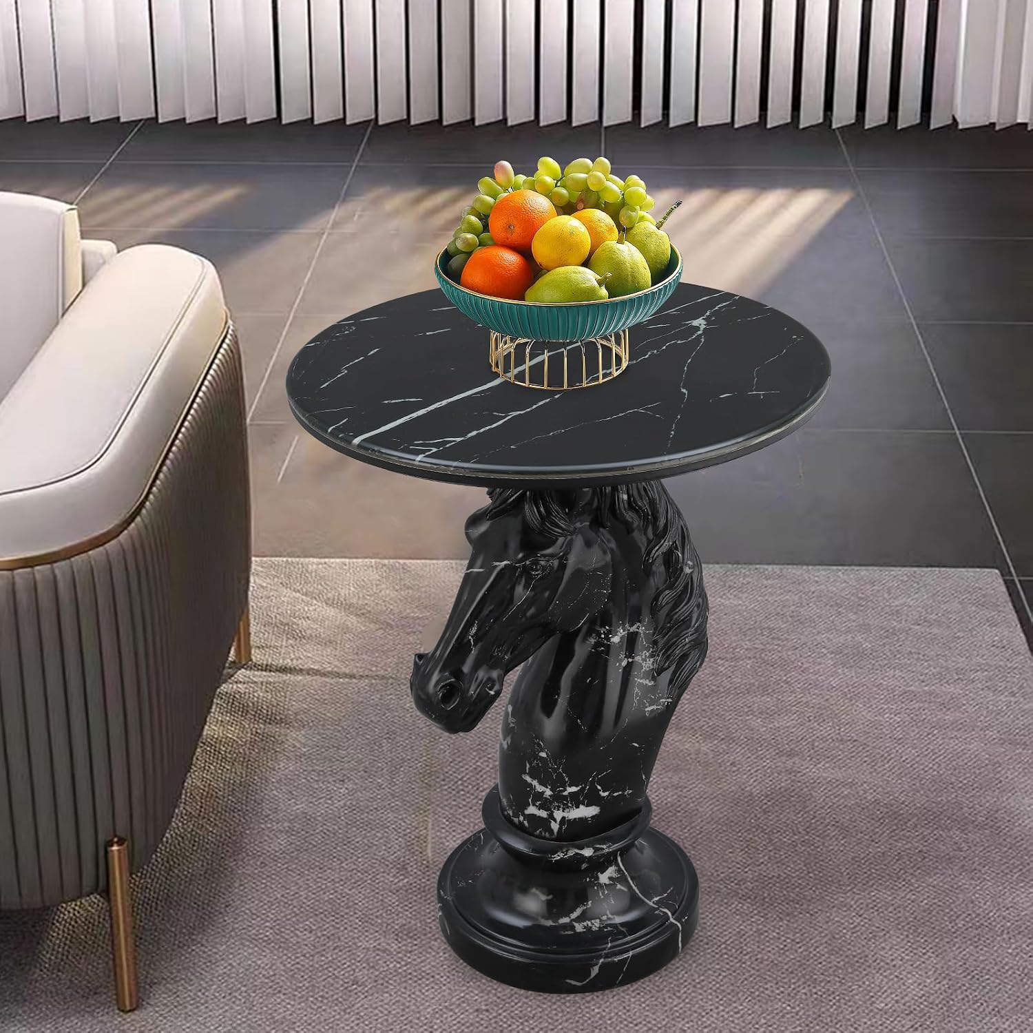 Horse Head Accent Side Table, Unique Animal End Table with Round Faux Marble Top, Animal Statues for Home Decor, Modern Classical Floor Statue for Living Room Bedroom Entryway (Horse Head-B)