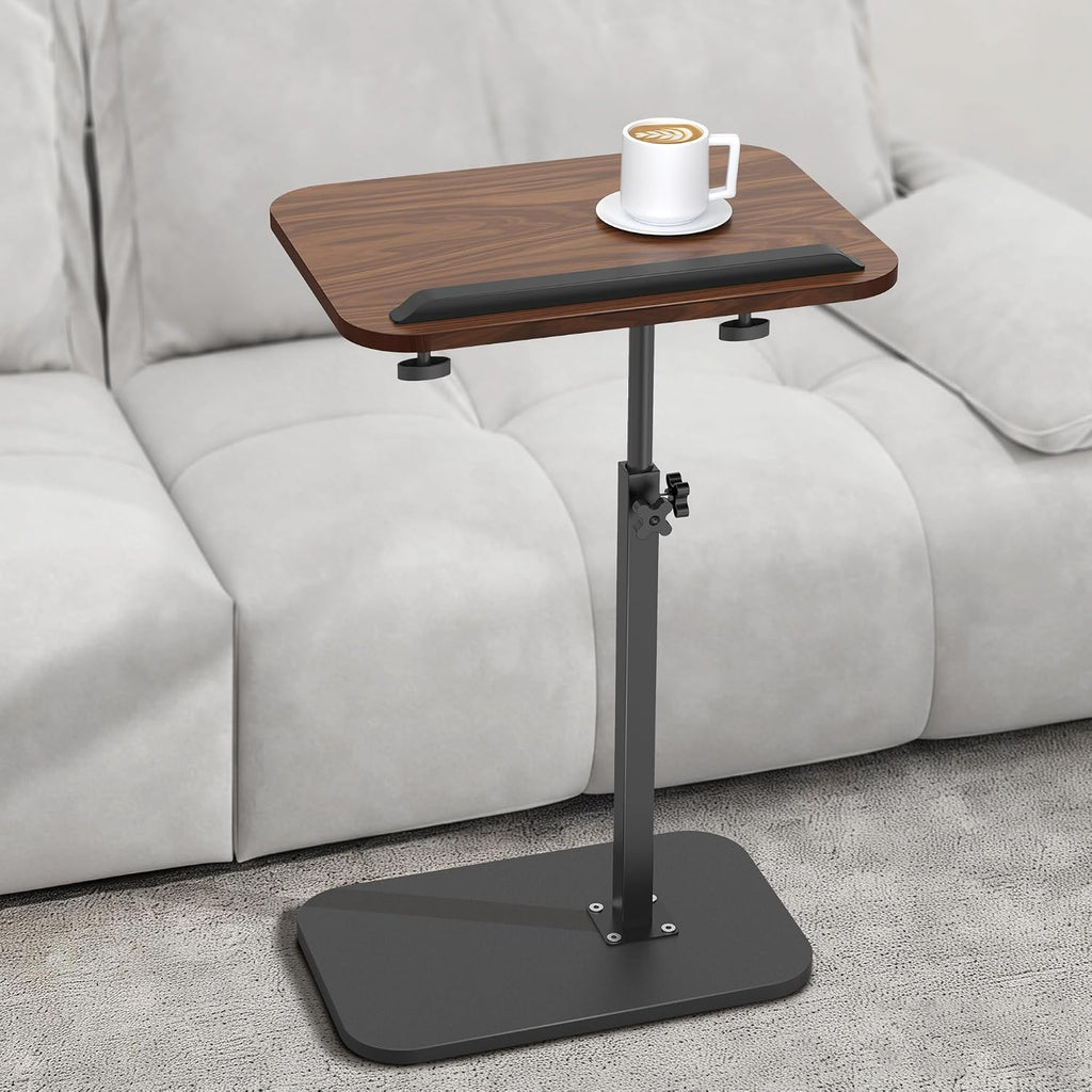 ENNVA Side Table for Couch, Adjustable Height C Shaped End Table, Narrow Sofa Side Table for Living Room & Bedside, Brown Wooden Top with Black Metal Base