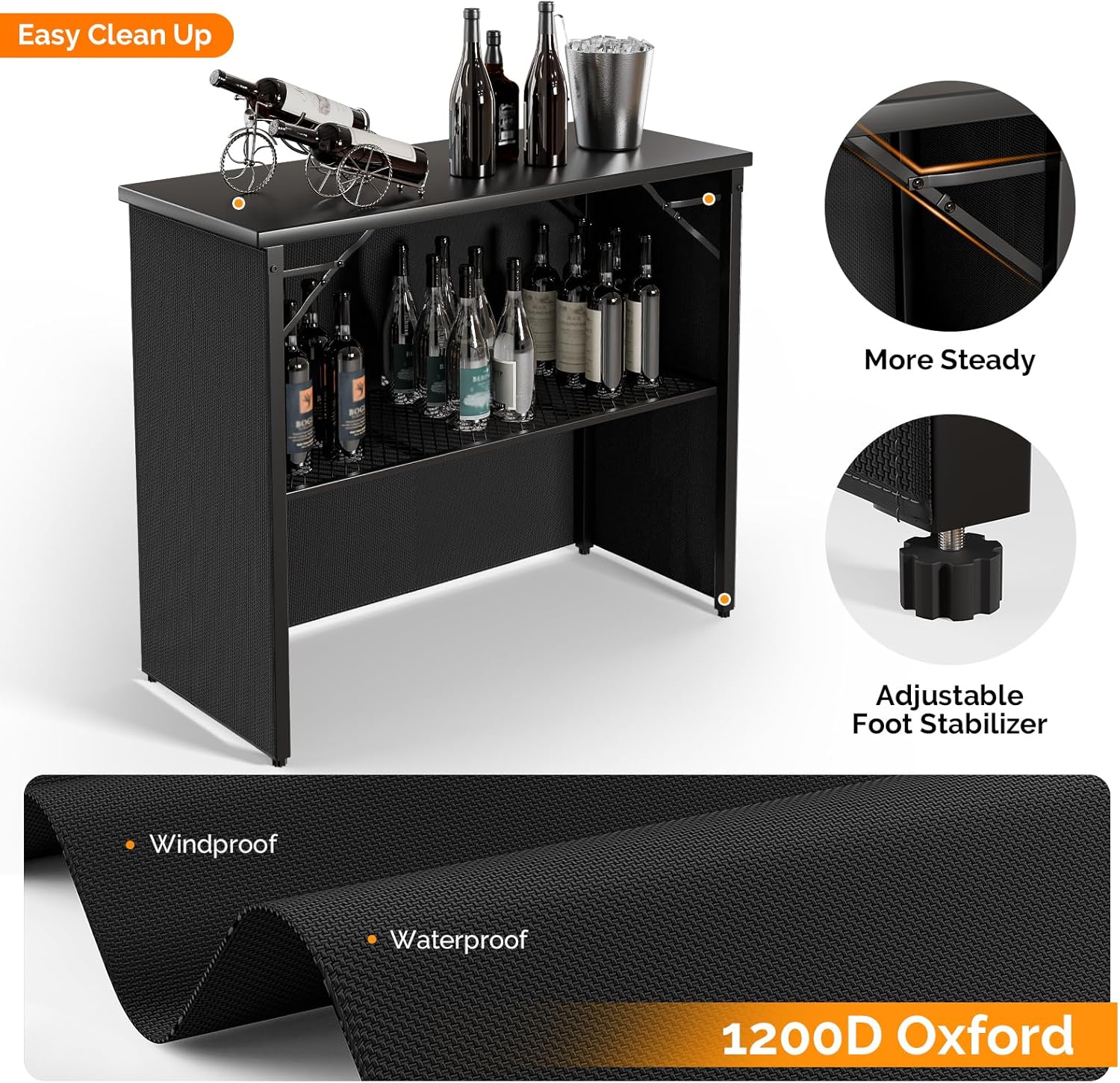 VINGLI 45" Commercial Grade Portable Bar Table for Events, Mobile Bartending Station, Outdoor Indoor Pop Up Bar Table with Skirt PP (45"-1P, Black, Standard)