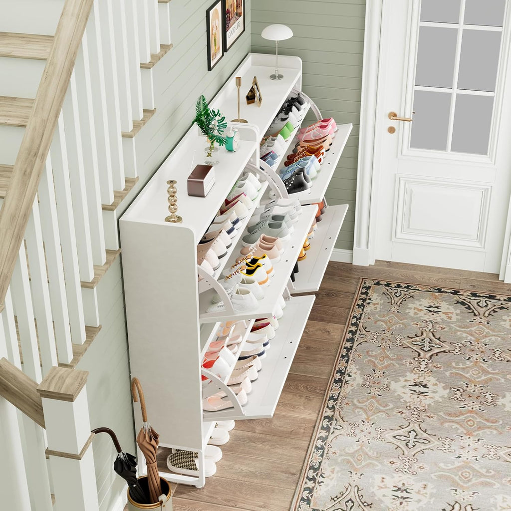 GRUSIGN Shoe Cabinet, Shoe Storage Cabinet with 2 Flip Drawers & Adjustable Shelf, Space-Saving Shoe Organizer – Holds 16+ Pairs, Narrow Shoe Cabinet Storage for Entryway/Hallway（White）