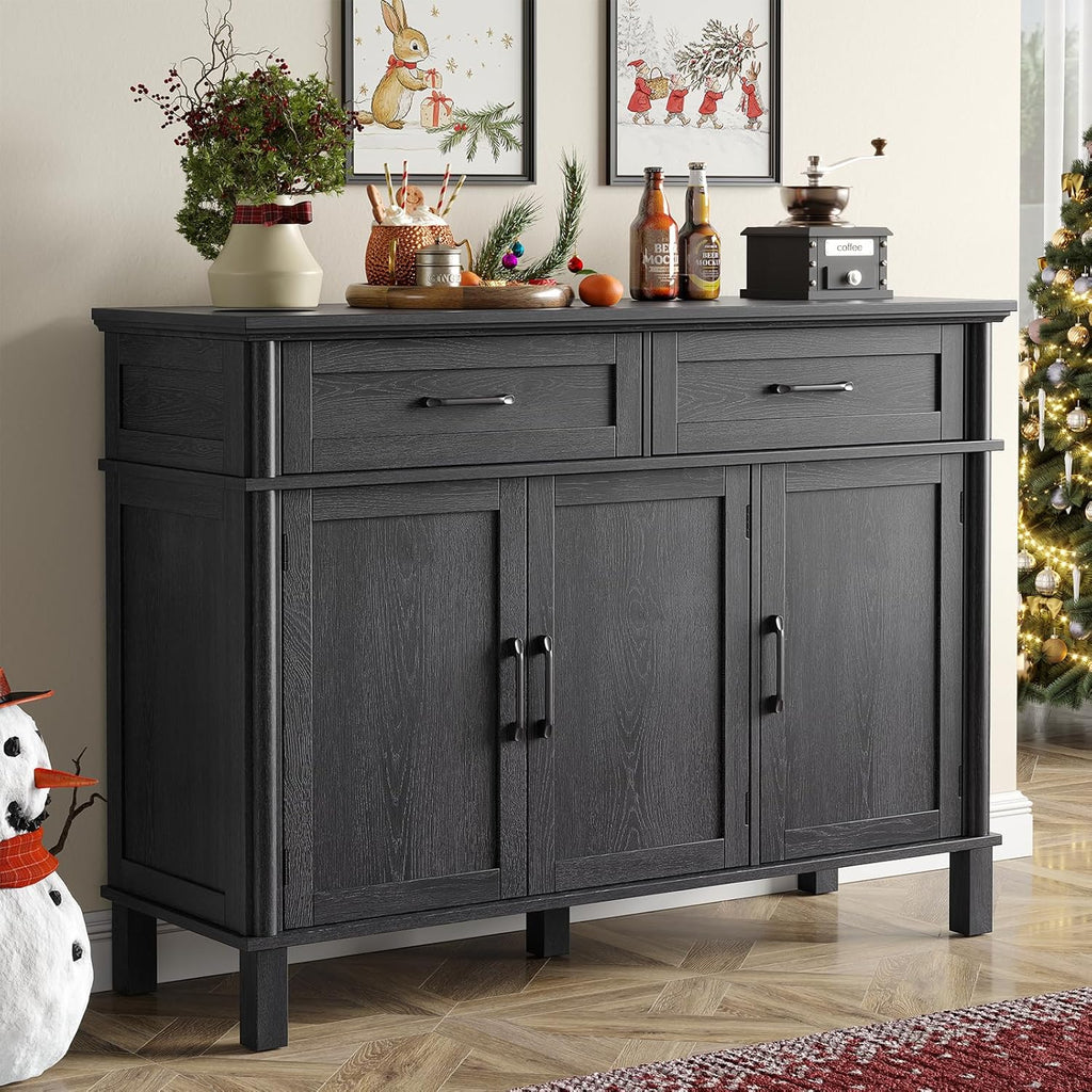 48 Inch Sideboard Buffet Cabinet with Storage, Farmhouse Coffee Bar Cabinet with 2 Drawers, Adjustable Shelves, Wood Sideboard Credenza for Kitchen, Living Room, Entryway, Black