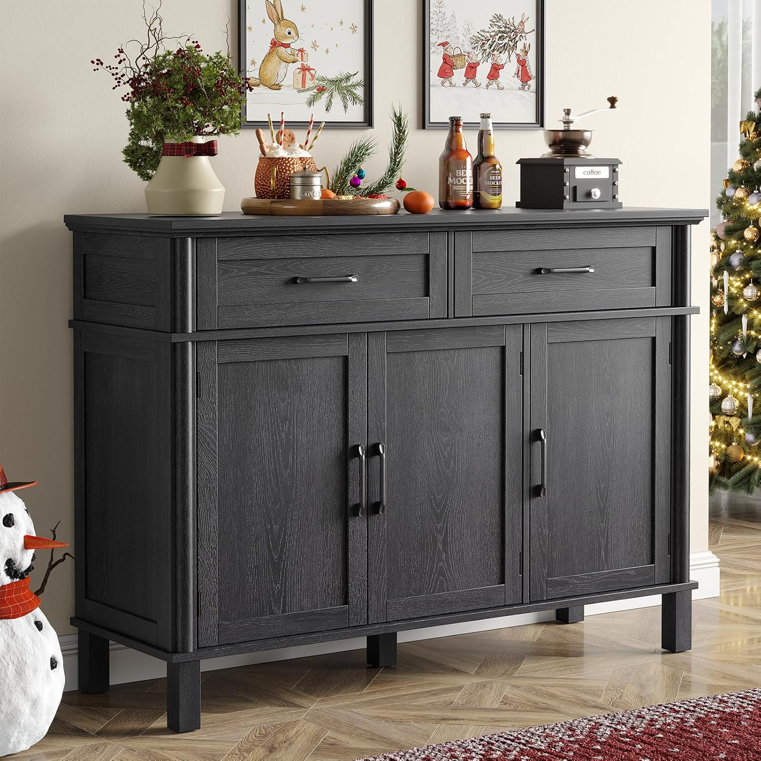 48 Inch Sideboard Buffet Cabinet with Storage, Farmhouse Coffee Bar Cabinet with 2 Drawers, Adjustable Shelves, Wood Sideboard Credenza for Kitchen, Living Room, Entryway, Black