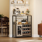 GarveeHome 3-Tier Wine Bar Cabinet with LED Lights & Wine Rack, Liquor Cabinet with Storage, Coffee Bar Cabinet with Glass Holder & Mesh Door, Sideboard Buffet Bar for Living Room, Dining Room, Grey