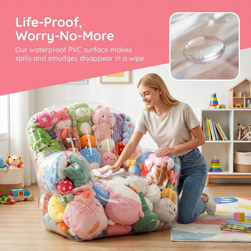 Clear Stuffed Animal Storage Sofa and Ottoman Cover Set, Extra Large Transparent Plush Toy Organizer, Thickened PVC Waterproof Toy Storage Seat with Rear Hook-and-Loop Closure, Cover Only, No Filler