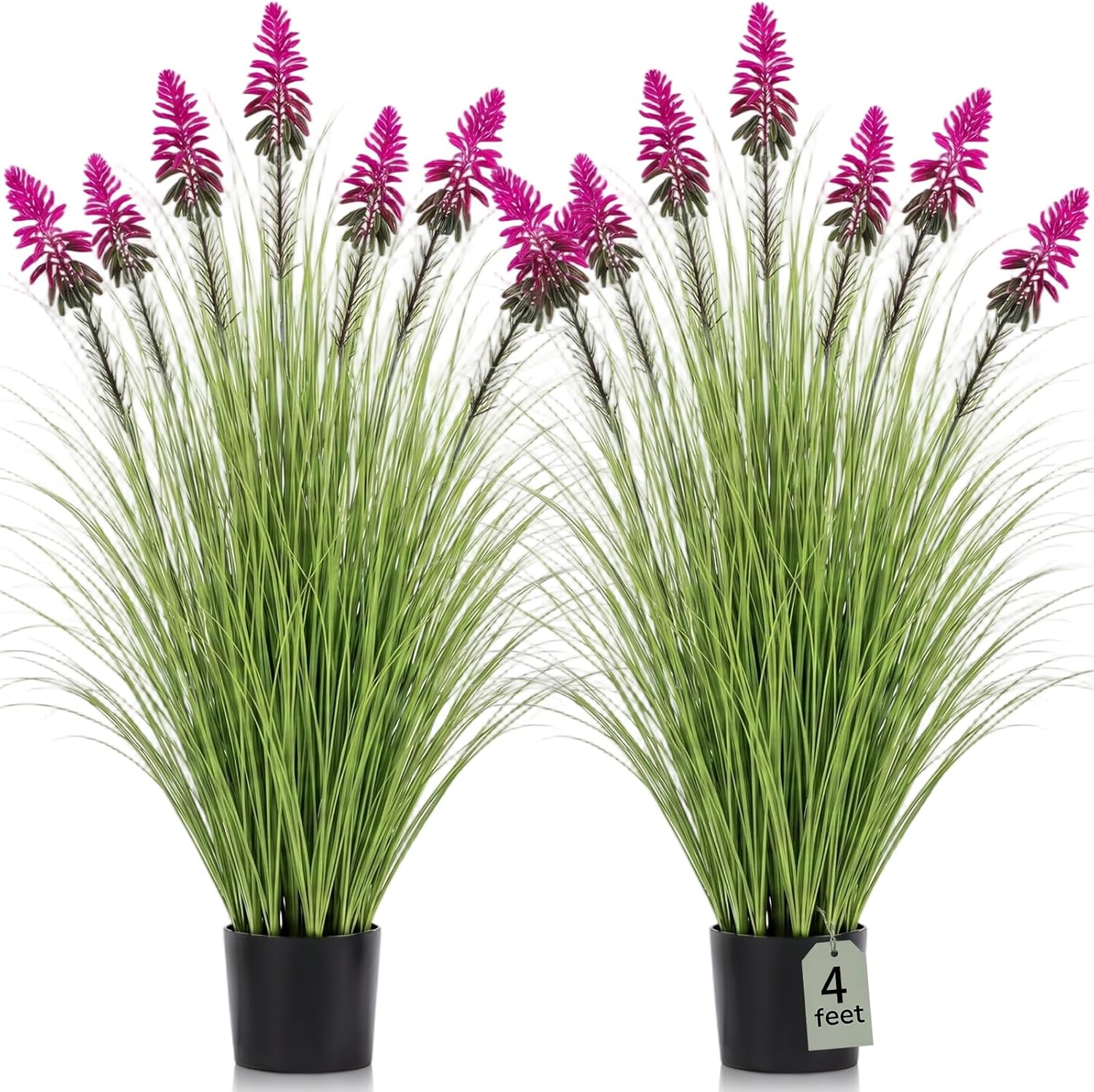 Jexine 2 Pieces 4 ft Artificial Tall Grass Plants Outdoor with Plum Cockscomb Flower Tall Artificial Grass Green Onions Plant Potted for Housewarming Gift House Garden Lobby Outdoor