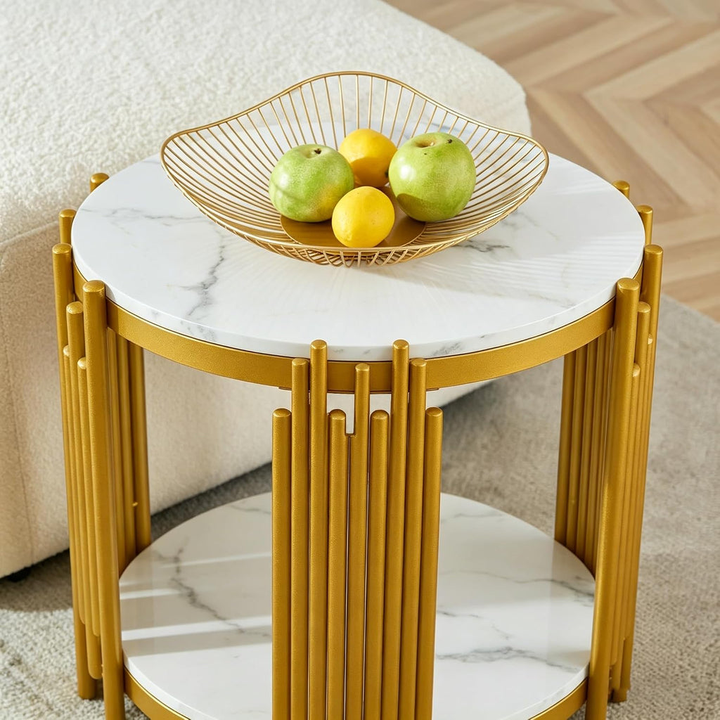 2-Tier Faux Marble End Table with Storge, Round End Table with Gold Metal Frame, Mid Century Modern Couch Sofa Side Tables Bedside Tables for Living Room Bedroom, Circular White Nightstand