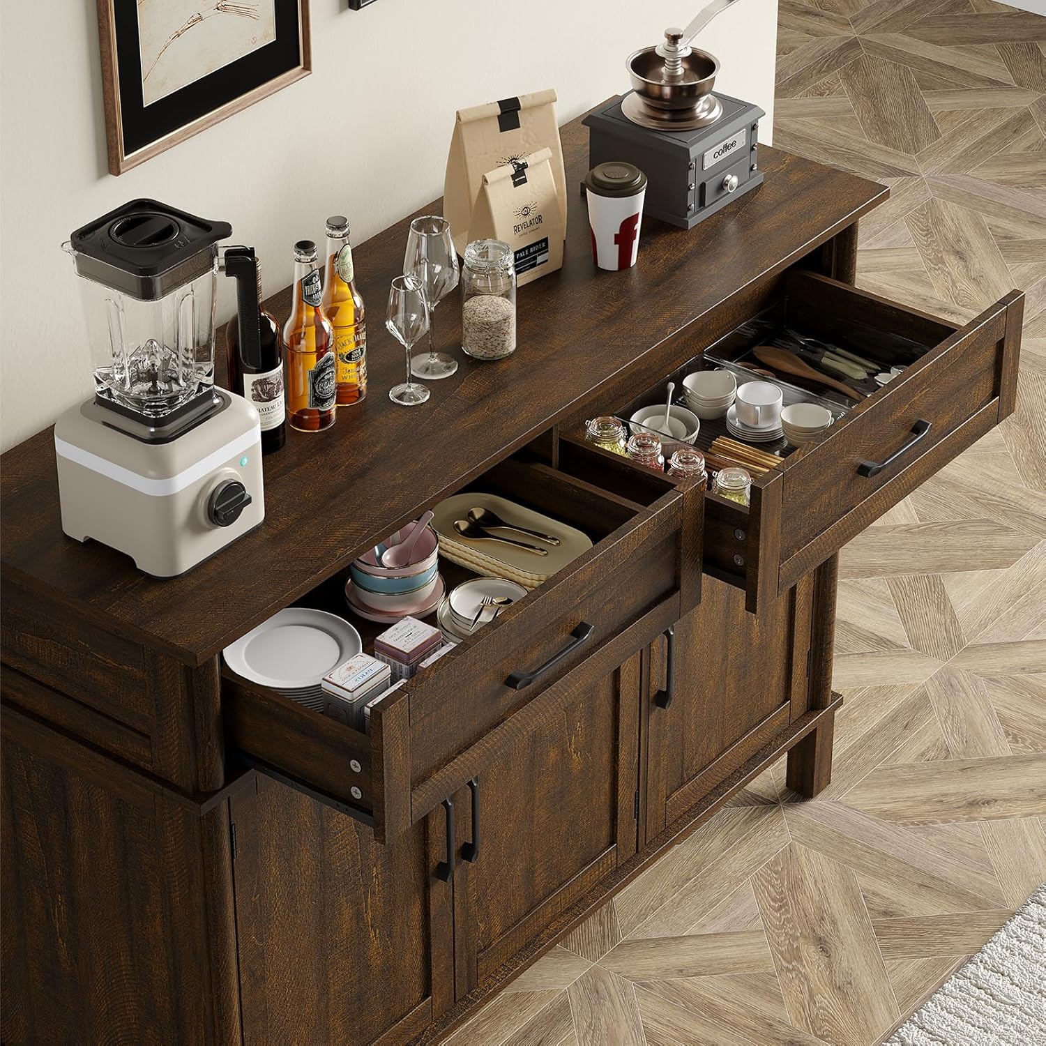 48 Inch Sideboard Buffet Cabinet with Storage, Farmhouse Coffee Bar Cabinet with 4 Drawers, Adjustable Shelves, Wood Sideboard Credenza for Kitchen, Living Room, Entryway, Brown