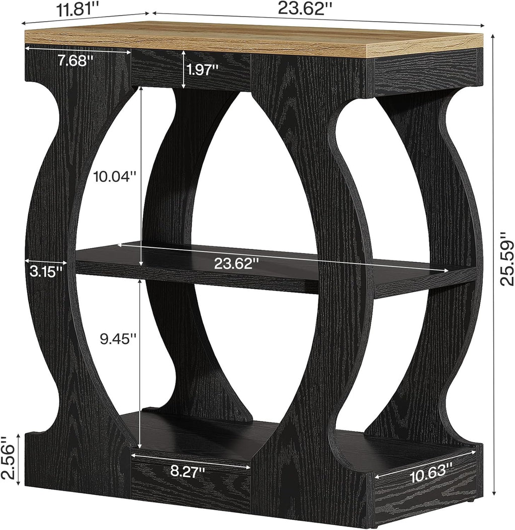 Tribesigns End Table with 3-Tier Storage, Narrow Side Table with Curved Frame, Wooden Nightstand for Living Room, Small Spaces, Bedroom, Rustic Brown & Black