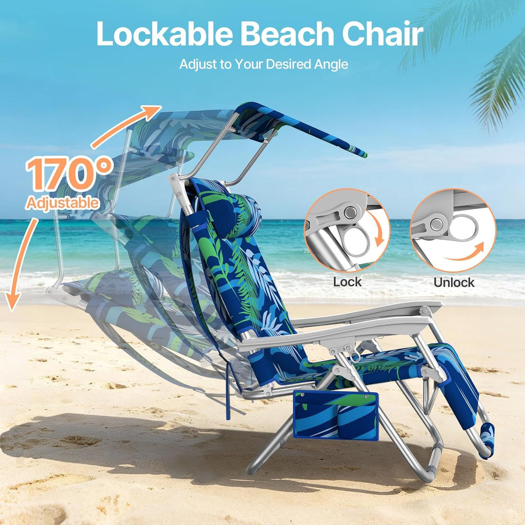 Suteck Zero Gravity Beach Chair with Canopy, Backpack Beach Chairs for Adults, Lightweight Adjustable Reclining Beach Chair with Shade, Folding Lay Flat Chair for Beach Poolside Outdoor