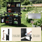 65''H Large Garden Storage Potting Bench with Lockable Wheels, Wood Outdoor Kitchen Island with Stainless Steel top, Drawers, Door Shelves and Hutch (Black-Wheels)