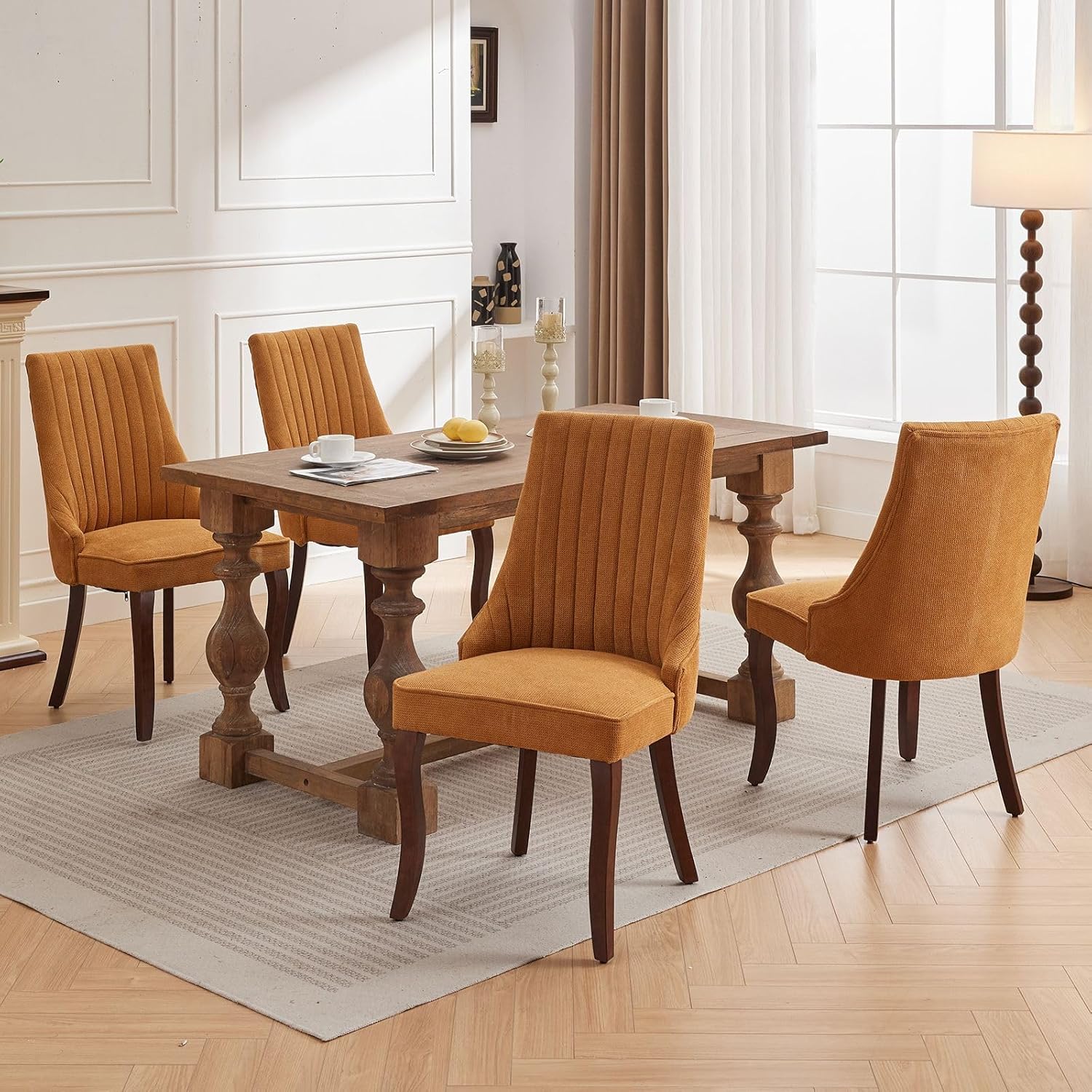 Modern Dining Chairs Set of 4, Mid Century Kitchen & Dining Room Chairs, Linen Upholstered Kitchen Chairs with Wood Legs, Sillas de Comedor, Easy Assembly, Yellow, 4 Pieces