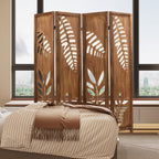 Giantex Boho Rustic Room Divider, 4 Panel Carved Leaf Folding Wood Screen, Fully Assembled, 67'' Freestanding Privacy Partition Decorative Wall, Foldable Room Separator for Bedroom, Rustic Brown
