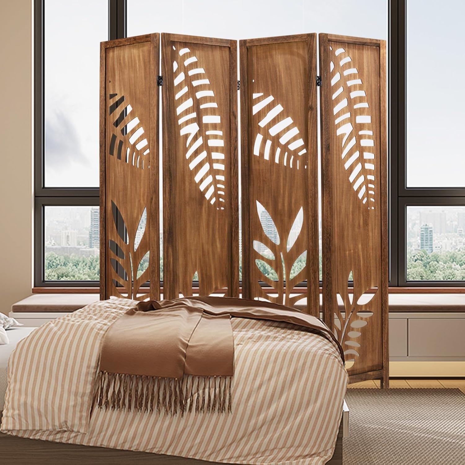 Giantex Boho Rustic Room Divider, 4 Panel Carved Leaf Folding Wood Screen, Fully Assembled, 67'' Freestanding Privacy Partition Decorative Wall, Foldable Room Separator for Bedroom, Rustic Brown