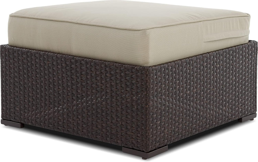 Serta Laguna Brown Wicker Outdoor Patio Ottoman with Beige Cushion for Deck, Porch, Backyard or Patio Seating