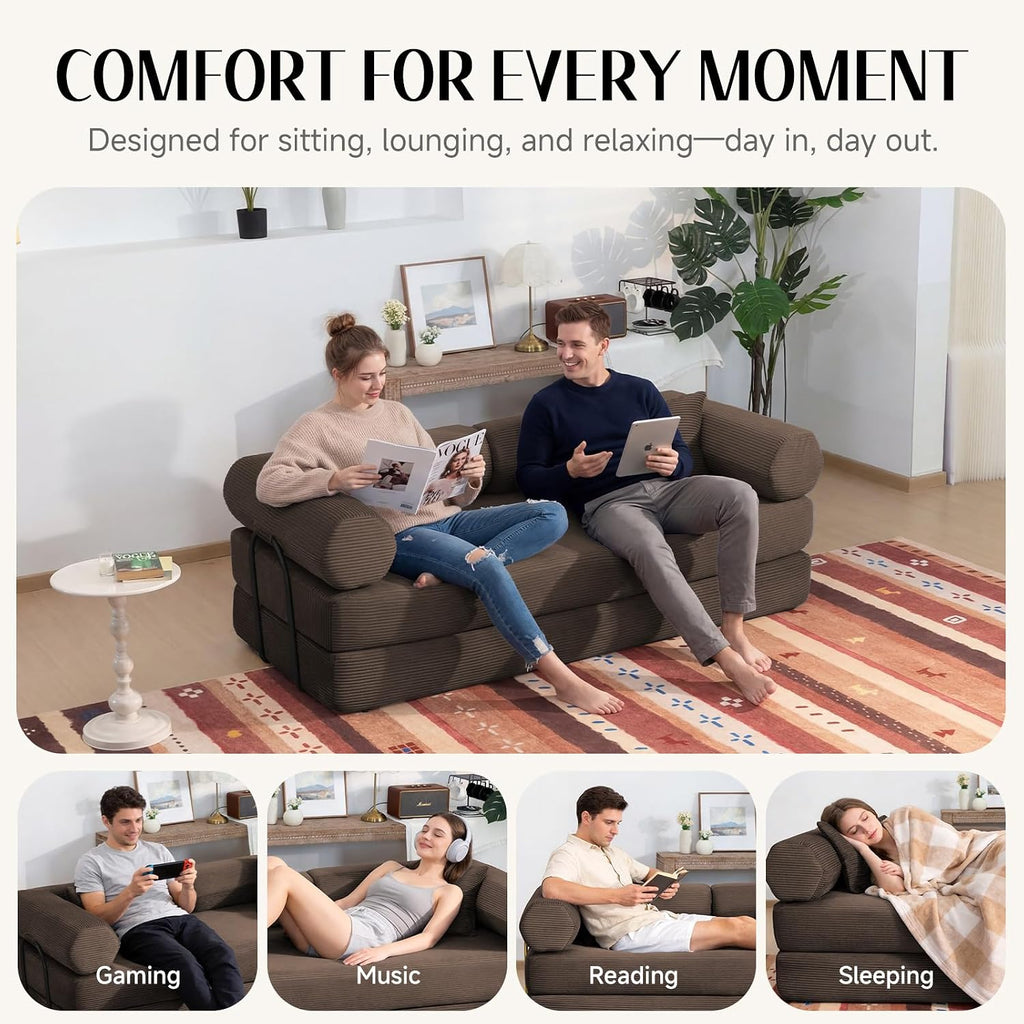 79" Corduroy Sofa Bed, Boneless Couch in a Box with 2 Pillows, High-Density Foam 4-in-1 Foldable Sleeper Futon Loveseat for Small Spaces, No Assembly, Side Pockets, Hex Arm Brown
