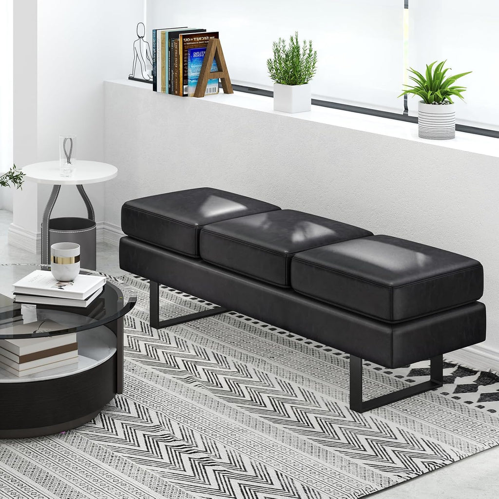 Giantex Waiting Room Bench, Faux Leather Office Guest Chair with 3 Seats, 660 Lbs Capacity, Metal Frame, Reception Chair, Upholstered Bench for Lobby, Conference Room, Entryway, Dining Room (Black)