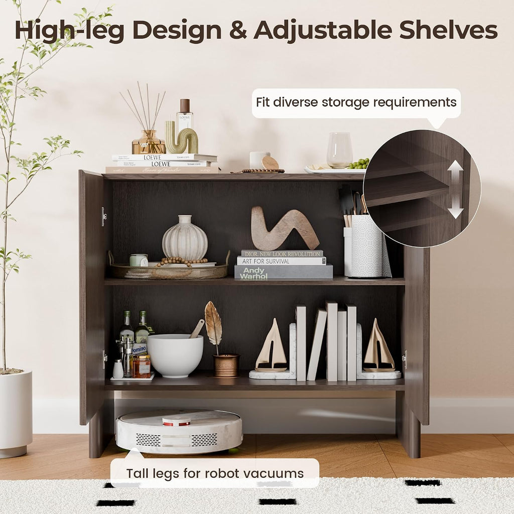 Fluted Sideboard Buffet Cabinet with Storage, 2-Door Wood Entryway Table with Curved Legs & Adjustable Shelves, Coffee Bar Cabinets for Living Room, Kitchen & Bedroom (Dark Walnut)