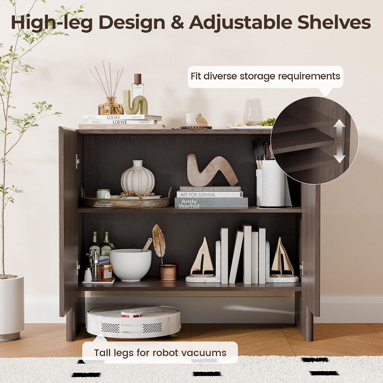 Fluted Sideboard Buffet Cabinet with Storage, 2-Door Wood Entryway Table with Curved Legs & Adjustable Shelves, Coffee Bar Cabinets for Living Room, Kitchen & Bedroom (Dark Walnut)