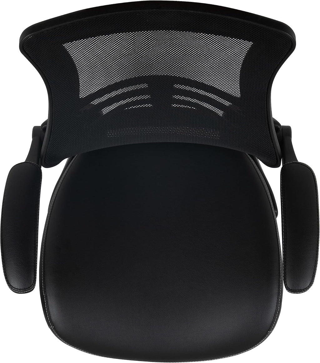 EMMA + OLIVER Mid-Back Black Mesh/LeatherSoft Ergonomic Drafting Chair with Flip-Up Arms