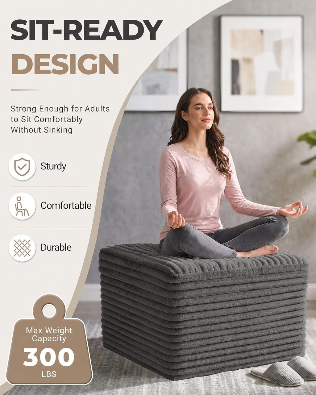 23.6in Pouf Ottoman, Corduroy Ottoman Foot Rest with Dual‑Layer Support, Large Poofy Pouf with Soft Chunk‑Foam Top & Firm Foam Base, Floor Foot Stool for Living Room, Dark Grey
