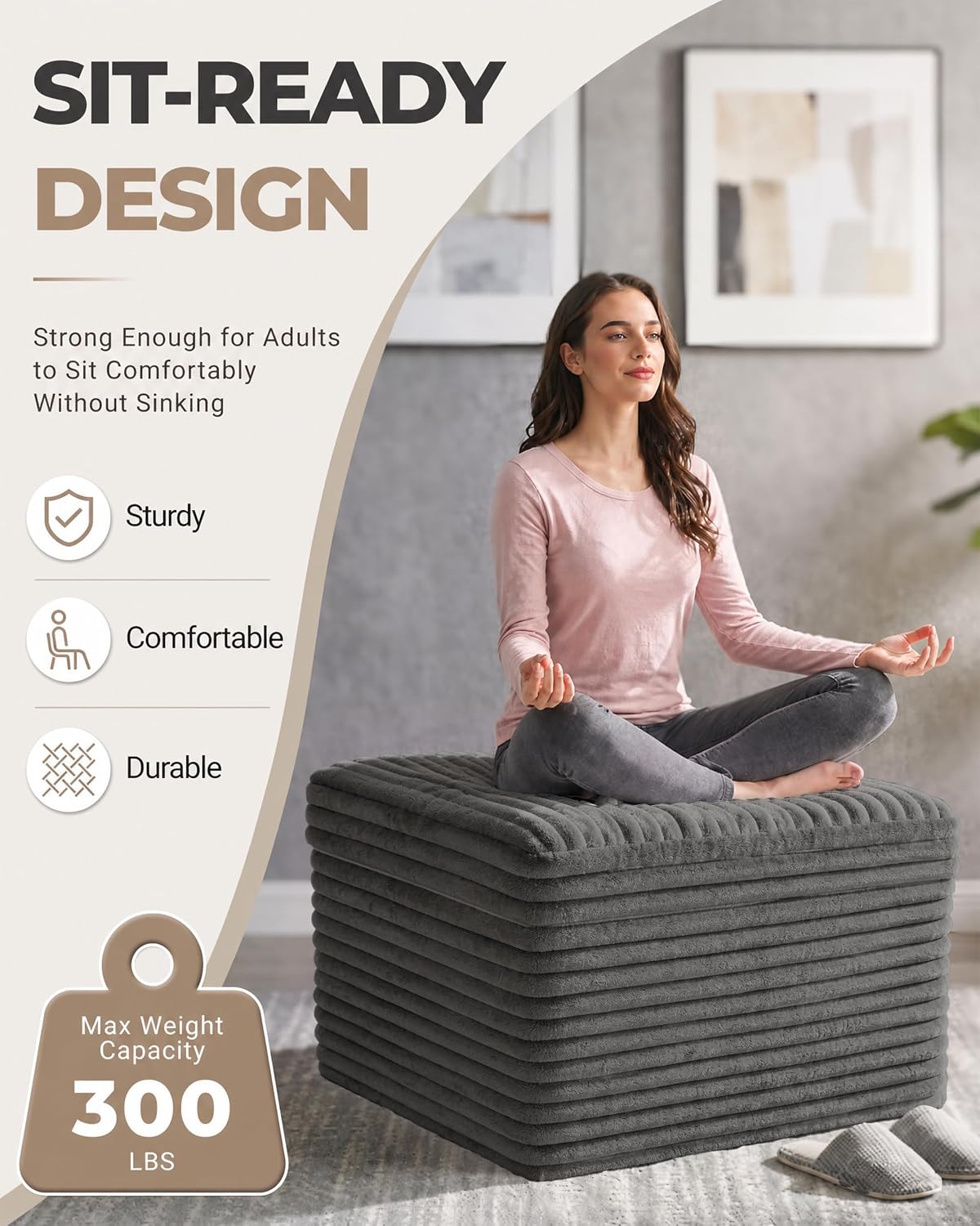 23.6in Pouf Ottoman, Corduroy Ottoman Foot Rest with Dual‑Layer Support, Large Poofy Pouf with Soft Chunk‑Foam Top & Firm Foam Base, Floor Foot Stool for Living Room, Dark Grey