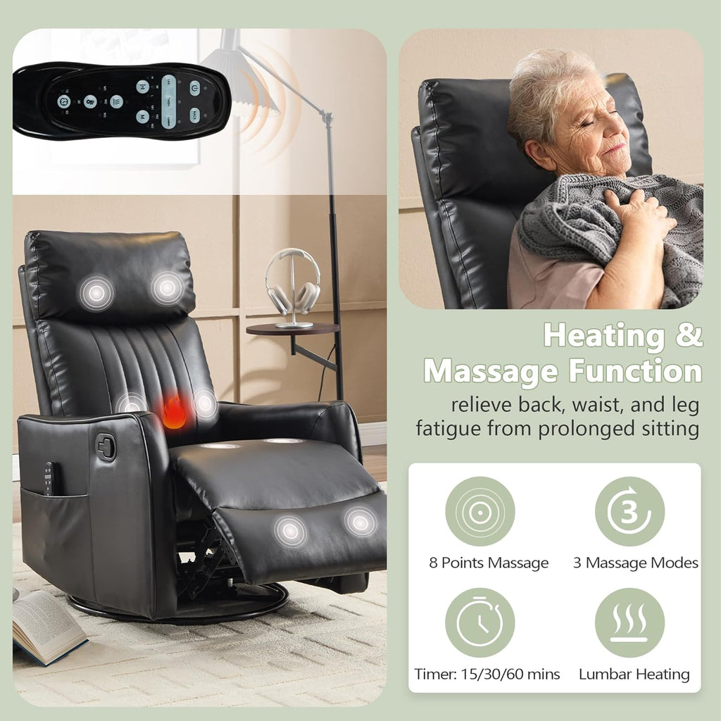 cinkehome Heated Massage Swivel Rocker Recliner Chair for Nursery - Small Space Reclining Chair with Lumbar Support, 360° Swivel & Gentle Rocking, Ergonomic High Back Faux Leather Black