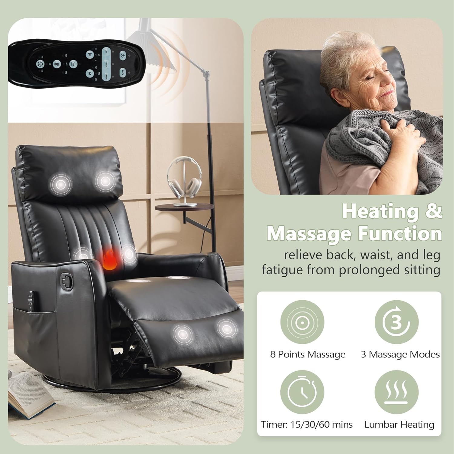 cinkehome Heated Massage Swivel Rocker Recliner Chair for Nursery - Small Space Reclining Chair with Lumbar Support, 360° Swivel & Gentle Rocking, Ergonomic High Back Faux Leather Black
