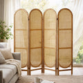Arched Rattan Room Divider 5.6 Ft Folding Privacy Screen, 4 Panel Freestanding Room Partition with Double Hinges, Lightweight Paulownia Wood Divider for Bedroom, Restaurant, Office, Natural