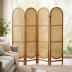 Arched Rattan Room Divider 5.6 Ft Folding Privacy Screen, 4 Panel Freestanding Room Partition with Double Hinges, Lightweight Paulownia Wood Divider for Bedroom, Restaurant, Office, Natural