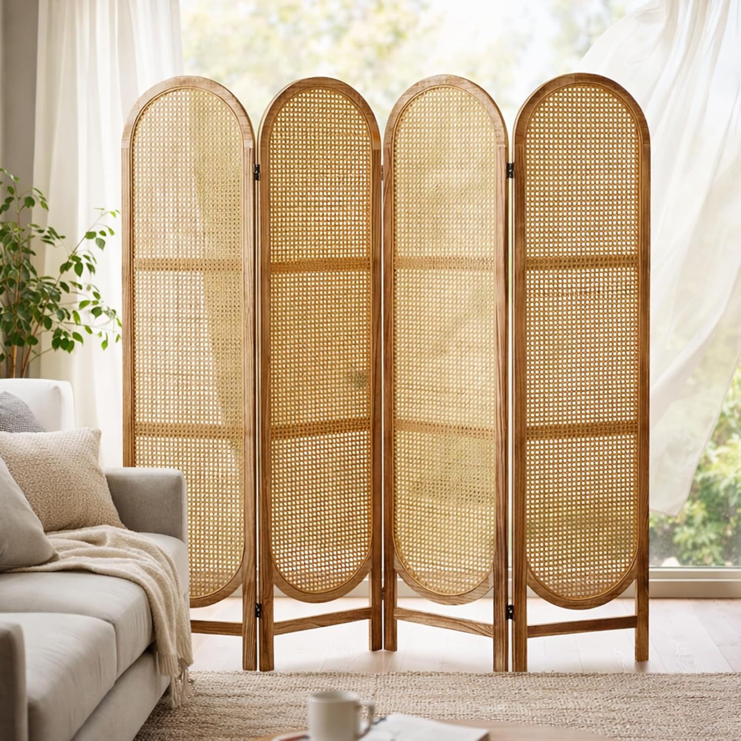 Arched Rattan Room Divider 5.6 Ft Folding Privacy Screen, 4 Panel Freestanding Room Partition with Double Hinges, Lightweight Paulownia Wood Divider for Bedroom, Restaurant, Office, Natural