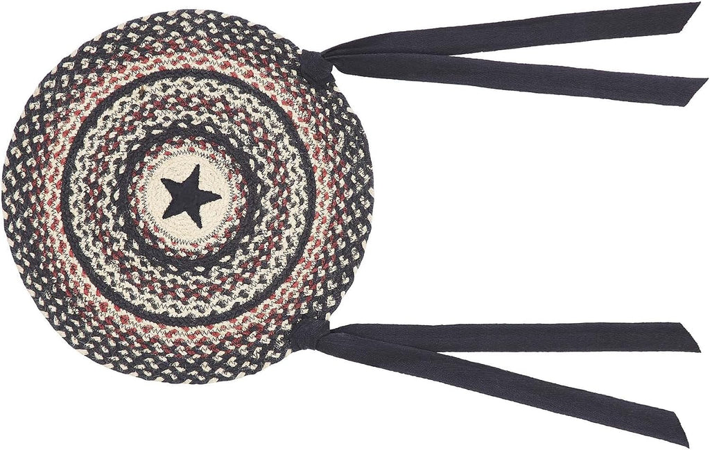 VHC Brands Colonial Star Round Seat Cushion Chair Pad, Tan Black Red, Jute Blend with Ties, 15x15 Inches, Set of 8