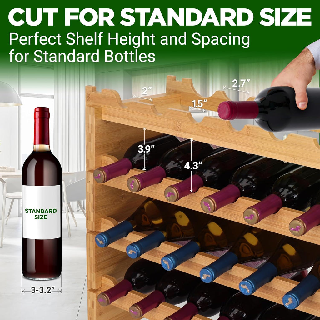 NutriChef Bamboo Wine Rack Freestanding Floor, 8-Tier Wooden Wine Storage Shelf Holds 72 Bottles, Stackable Wine Stand and Wine Holder for Bar, Kitchen, Cabinet, or Cellar Display