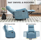 Trustyue Swivel Rocker Recliner Chair, 360° Swivel Recliner with Heat and Massage, Rocker Recliner Nursery Glider Chair with Side Pockets for Living Room (Light Blue, Fabric)