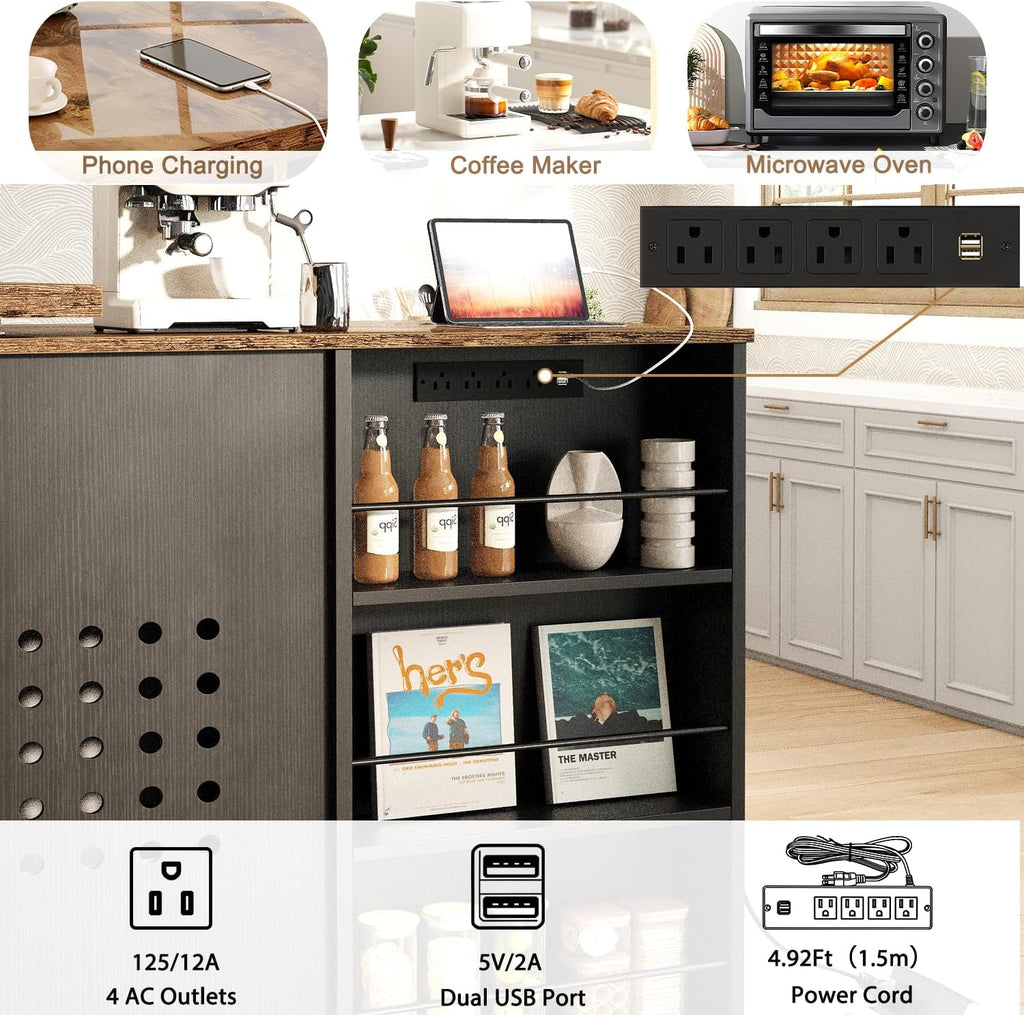 HSH 71” Rolling Kitchen Island with Storage Seating on Wheels, Rustic Brown | Mobile Island Cart With 360° Swivel Tabletop, With Power Outlet, Storage Cabinet, Open Adjustable Shelves Fit In Microwave
