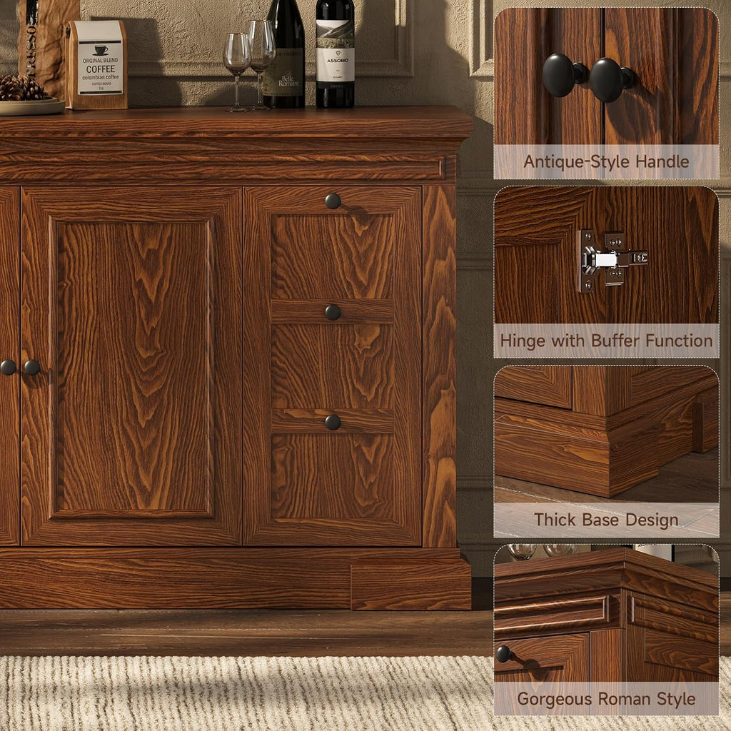 Sideboard Buffet Cabinet with Storage, 63" Large Credenza Kitchen Storage Cabinets with Drawer and Door, Wood Coffee Bar Table with Adjustable Shelf for Living Room, Kitchen, American Retro, Brown