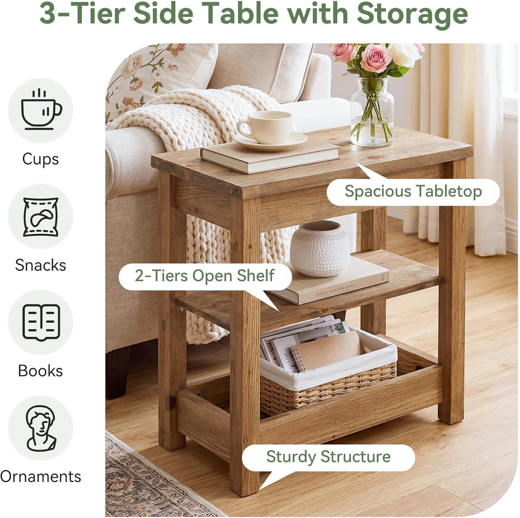 Solid Wood End Table, Farmhouse Narrow Sofa Side Table with 3-Tier Storage Shelf, Small Rectangular Nightstand for Living Room, Bedroom, Small Space, Space-Saving, Brown