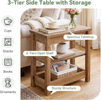 Solid Wood End Table, Farmhouse Narrow Sofa Side Table with 3-Tier Storage Shelf, Small Rectangular Nightstand for Living Room, Bedroom, Small Space, Space-Saving, Brown