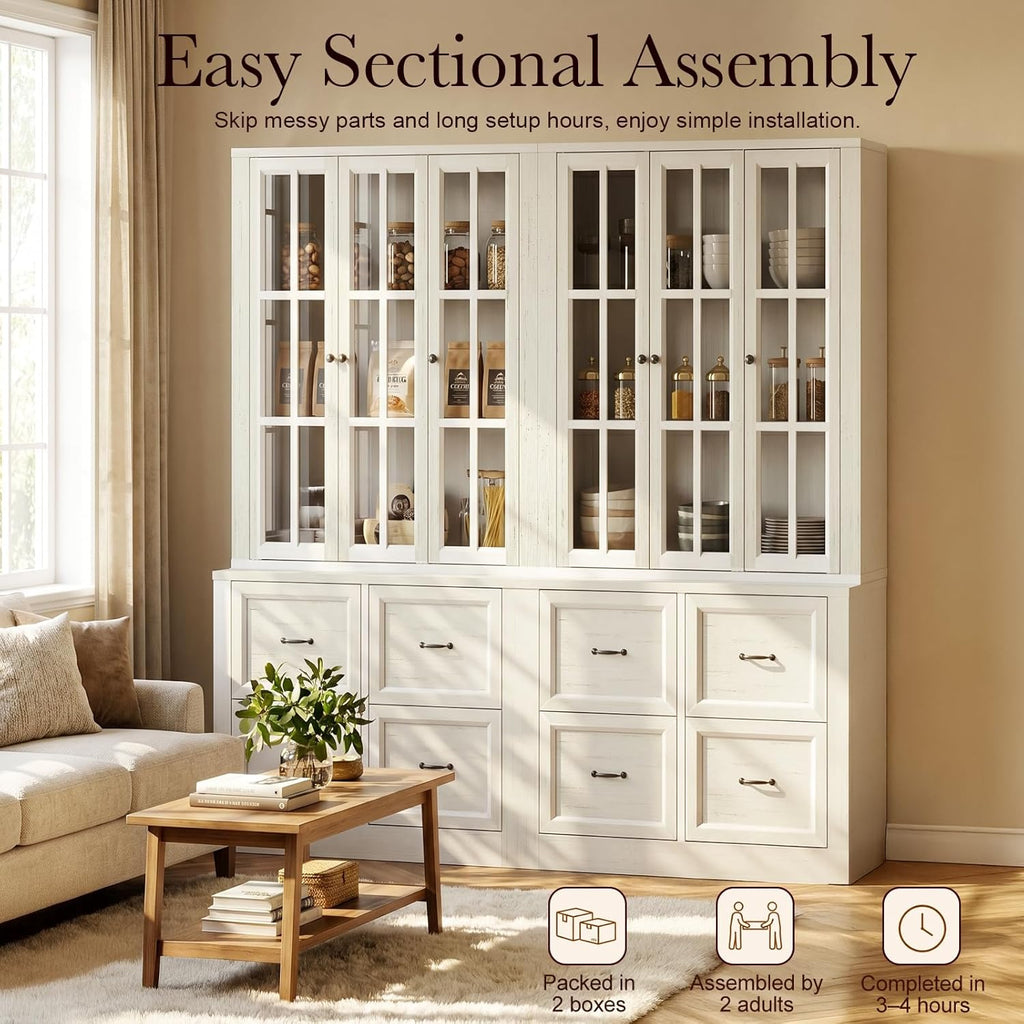 80" Modular Kitchen Pantry Cabinet, 2-in-1 Freestanding Tall Pantry Cabinet with Glass Doors & Adjustable Shelves, Large Hutch Storage Cabinet for Kitchen & Living Room (2, Vintage Warm White, AD)