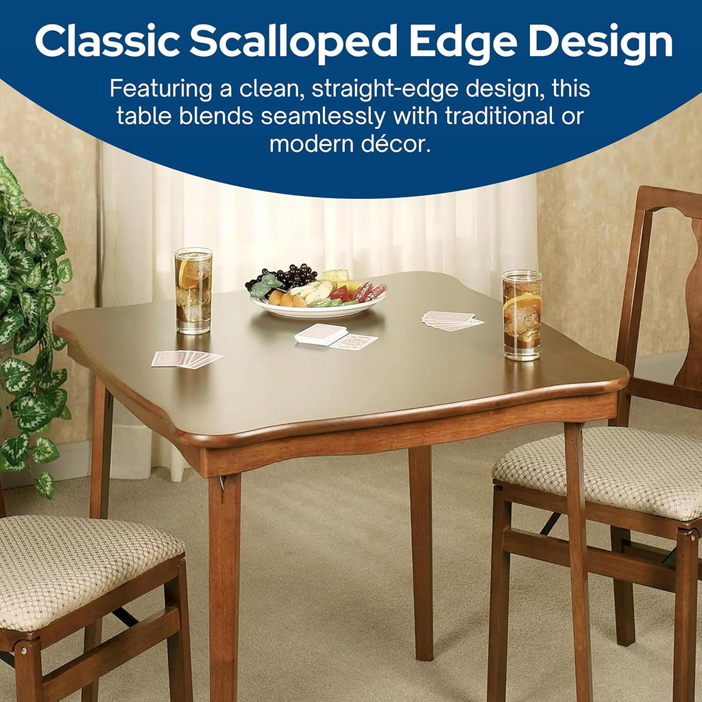 MECO Stakmore Stylish Durable Versatile Square Solid Wood Scalloped Edge Compact Folding Traditional Card Table for Home Use, Cherry