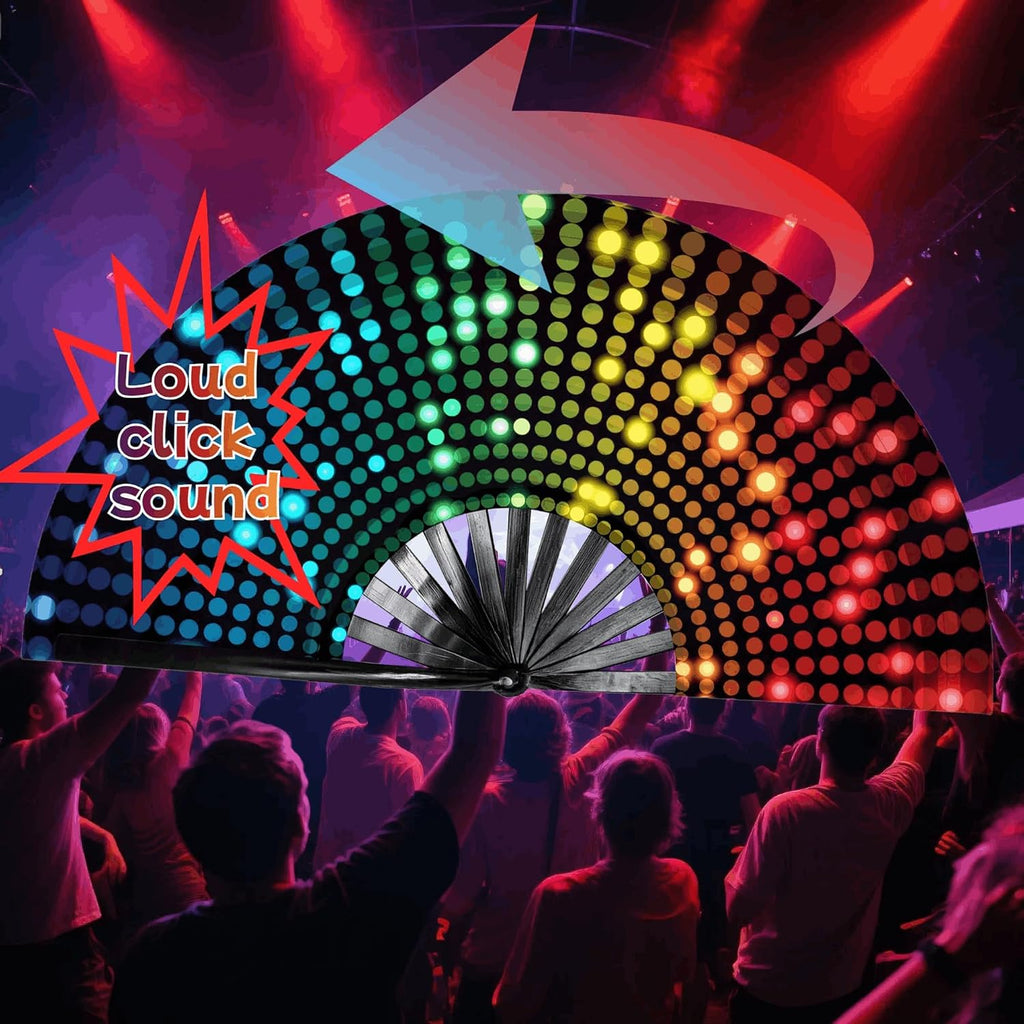 Large Glow Rave Fan, 13 Inch Folding Clack Hand Fan with DJ Lighting Effects - Portable Handheld Line Dancing Fan for Music Festivals, EDM Parties & Rave Outfit Accessories
