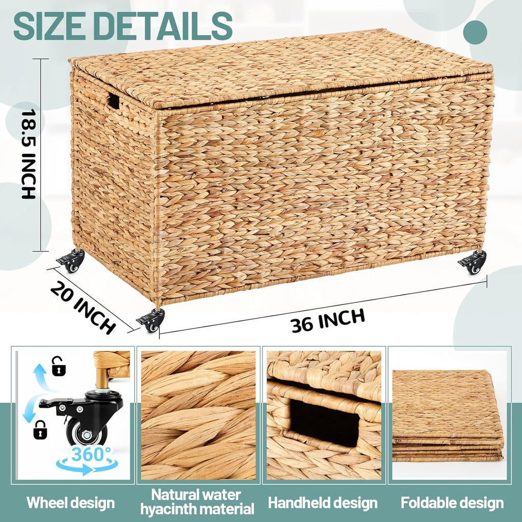 Wonderjune 36 x 20 x 18.5 Inch Rolling Wicker Storage Basket with Lid and Locking Wheels, Water Hyacinth Storage Trunk, Heavy Duty Metal Frame Woven Blanket for Seasonal Clothes Laundry Room, Bedroom