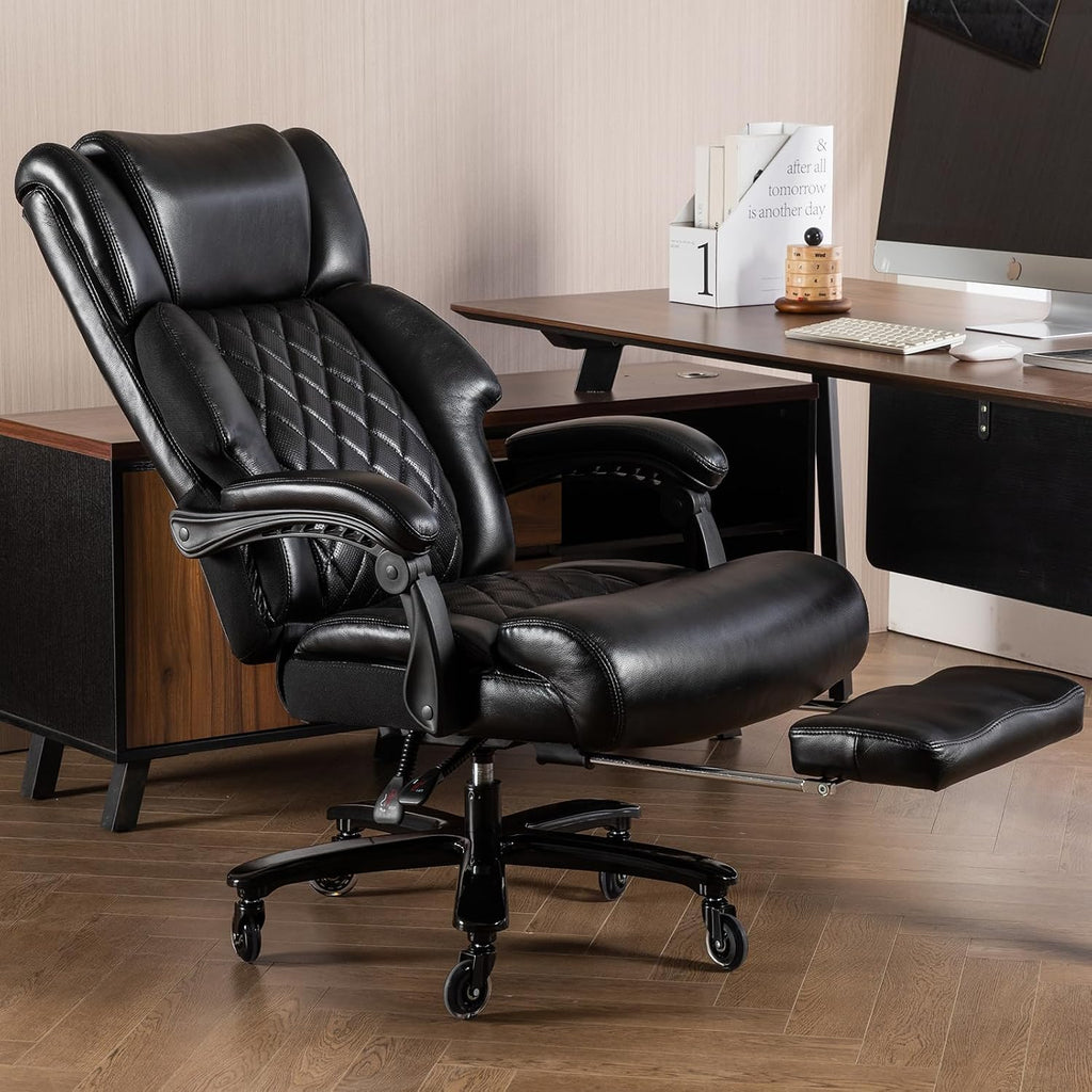 Big and Tall Executive Office Chair 500lbs Heavy Duty PU Leather Desk Chair, Adjustable Height 90°-155° Reclining High Back Computer Chair with Pull Out Footrest & Silent PU Casters for Home Office